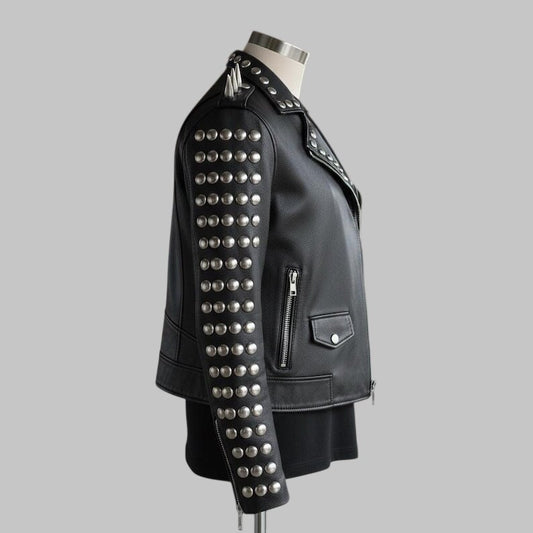 Black Spiked Leather Biker Jacket Silver Studded Moto