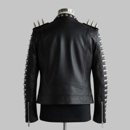 Black Spiked Leather Biker Jacket Silver Studded Moto