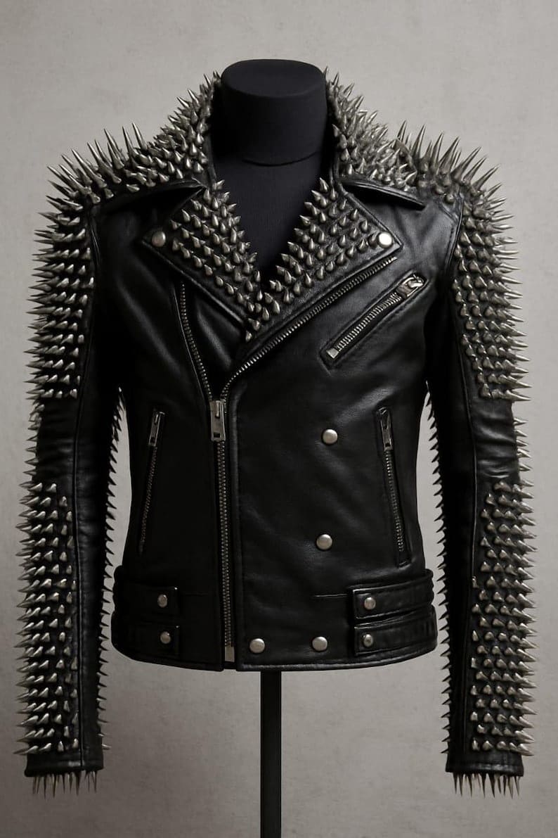 Black Spiked Punk Rock Leather Biker Jacket