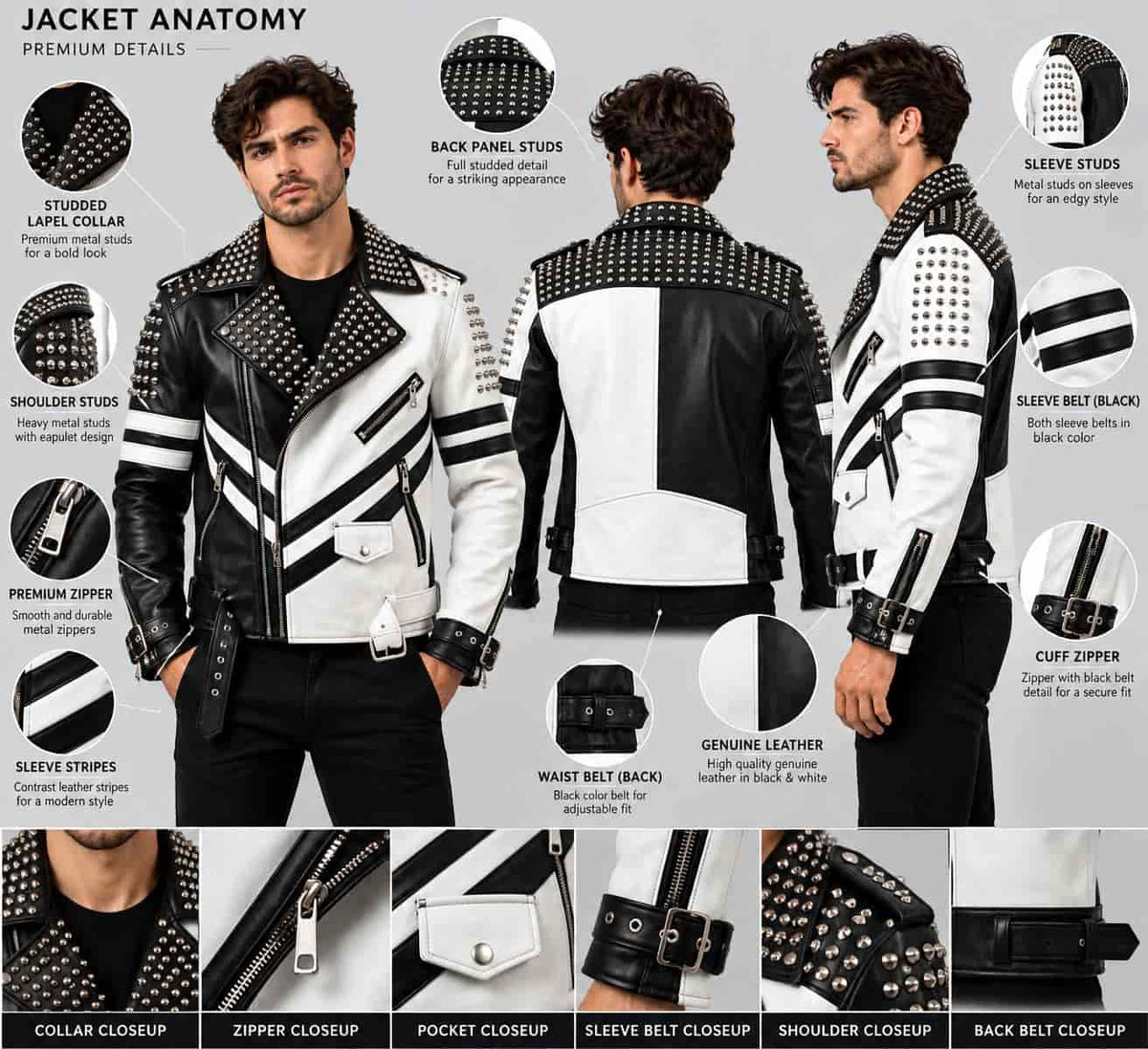 Black & White Studded Leather Punk Biker Jacket anatomy view by avanzar leather