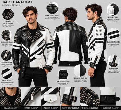 Black & White Studded Leather Punk Biker Jacket anatomy view by avanzar leather