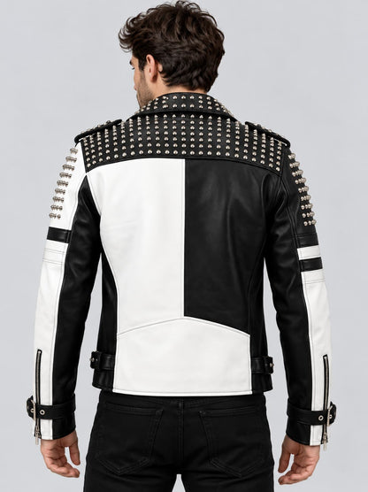 Black & White Studded Leather Punk Biker Jacket back view by avanzar leather