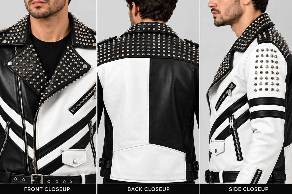Black & White Studded Leather Punk Biker Jacket closeup view by avanzar leather