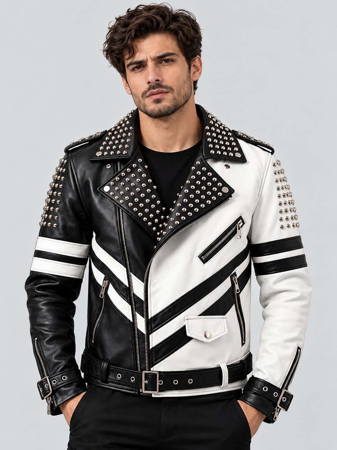 Black & White Studded Leather Punk Biker Jacket front view by avanzar leather