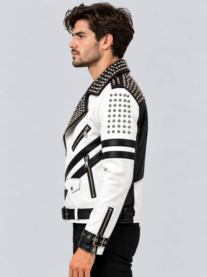 Black & White Studded Leather Punk Biker Jacket sid view by avanzar leather