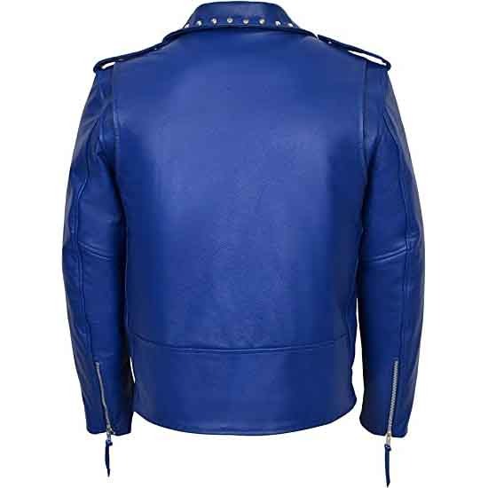 Men’s Blue Designer Studded Leather Jacket with Waist Belt – Avanzar Leather