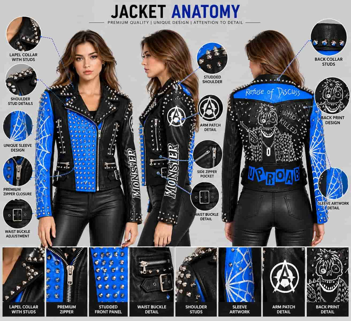 Blue & Black Studded Punk Leather Jacket with Spider Web Sleeves anatomy view by avanzar leather