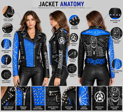 Blue & Black Studded Punk Leather Jacket with Spider Web Sleeves anatomy view by avanzar leather