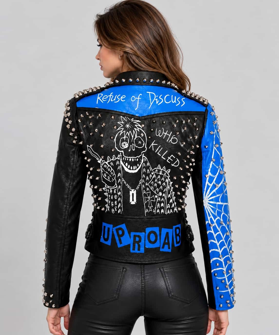 Blue & Black Studded Punk Leather Jacket with Spider Web Sleeves back view by avanzar leather