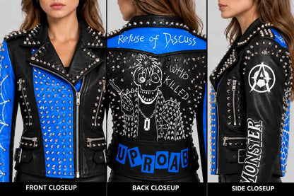 Blue & Black Studded Punk Leather Jacket with Spider Web Sleeves closeup view by avanzar leather