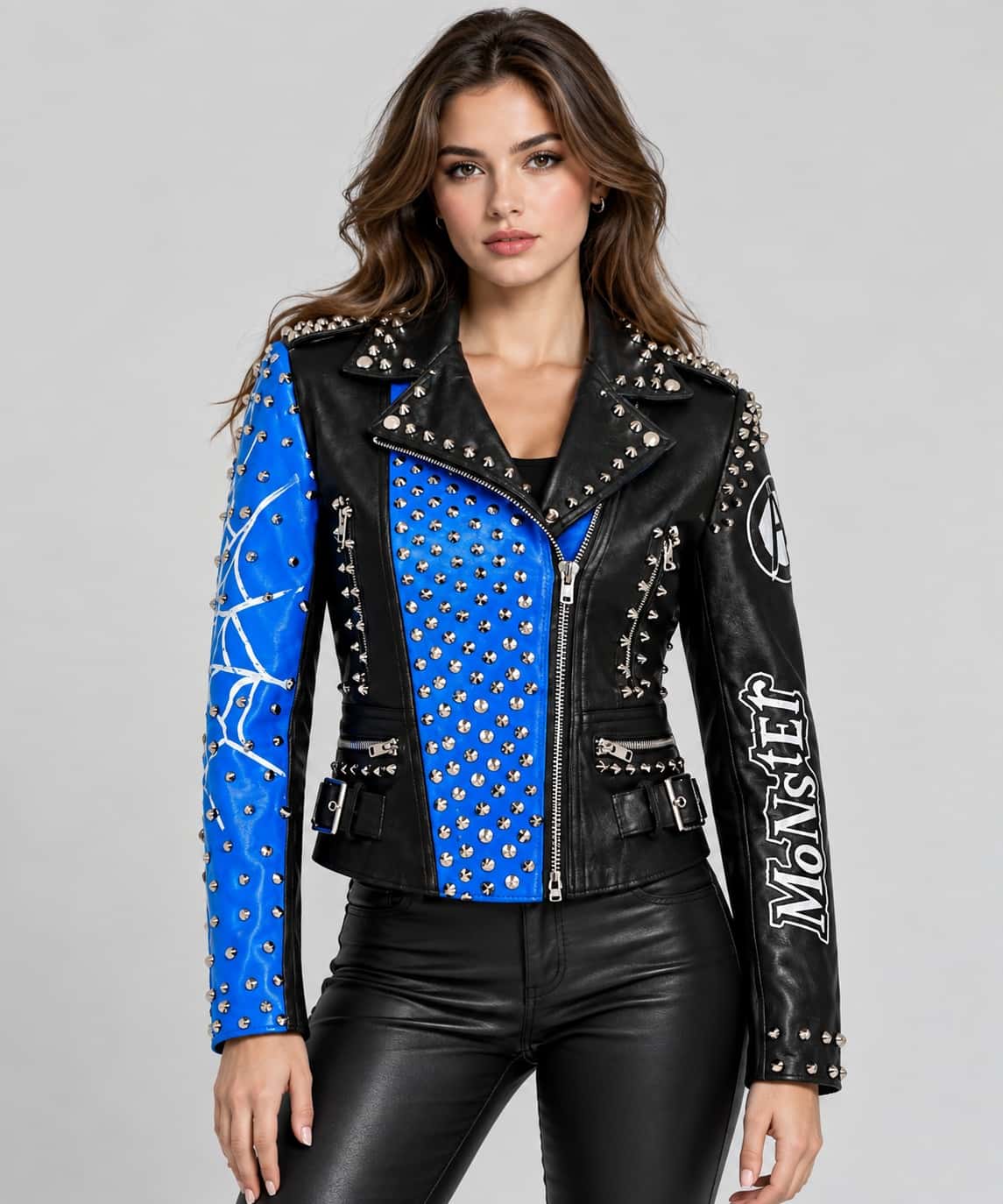 Blue & Black Studded Punk Leather Jacket with Spider Web Sleeves front view by avanzar leather
