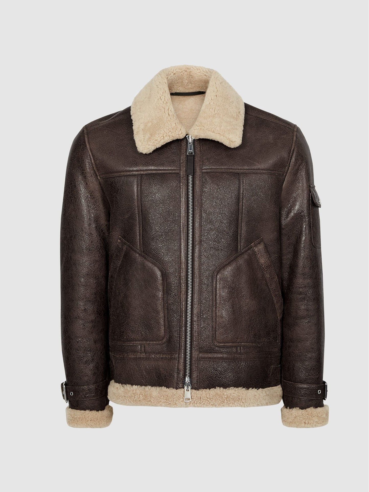 Brown Aviator Leather Jacket with Shearling Collar