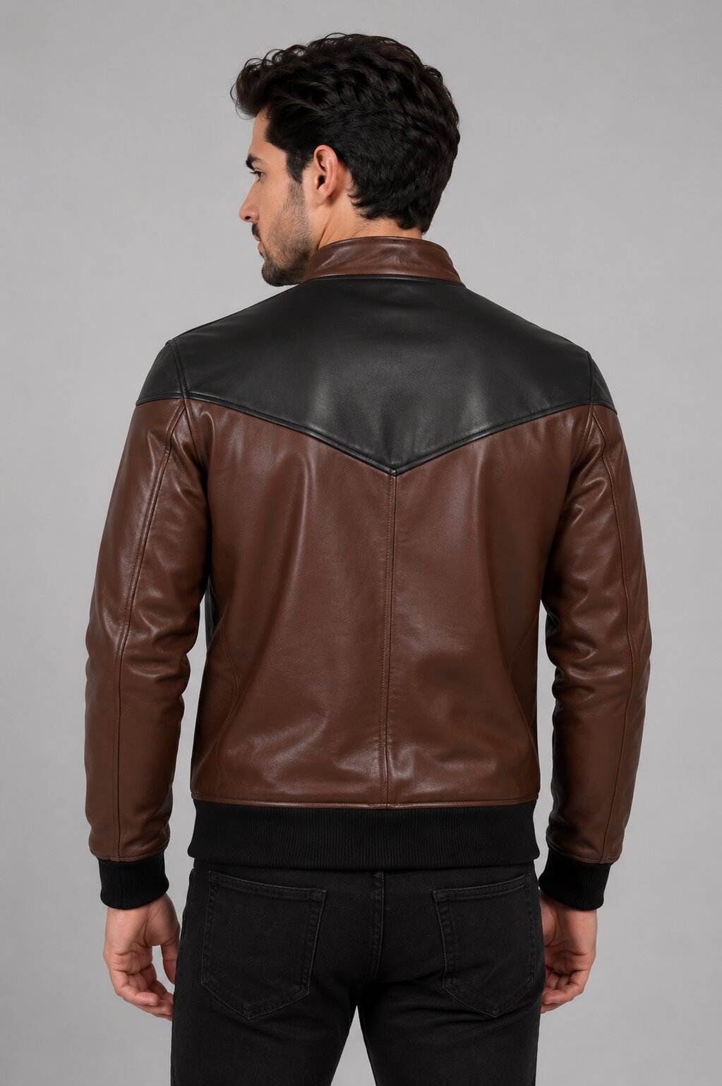 Brown & Black Leather Jacket | Men's Two Tone Bomber Jacket back view by avanzar leather