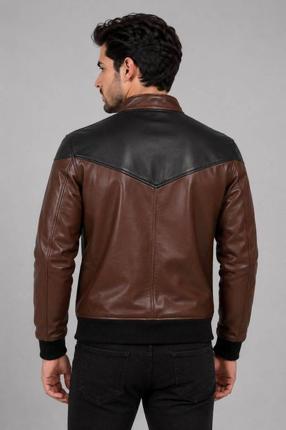 Brown & Black Leather Jacket | Men's Two Tone Bomber Jacket back view by avanzar leather