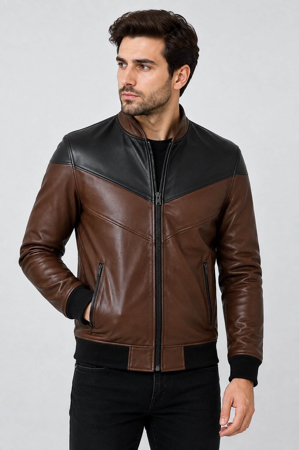 Brown & Black Leather Jacket | Men's Two Tone Bomber Jacket front view by avanzar leather