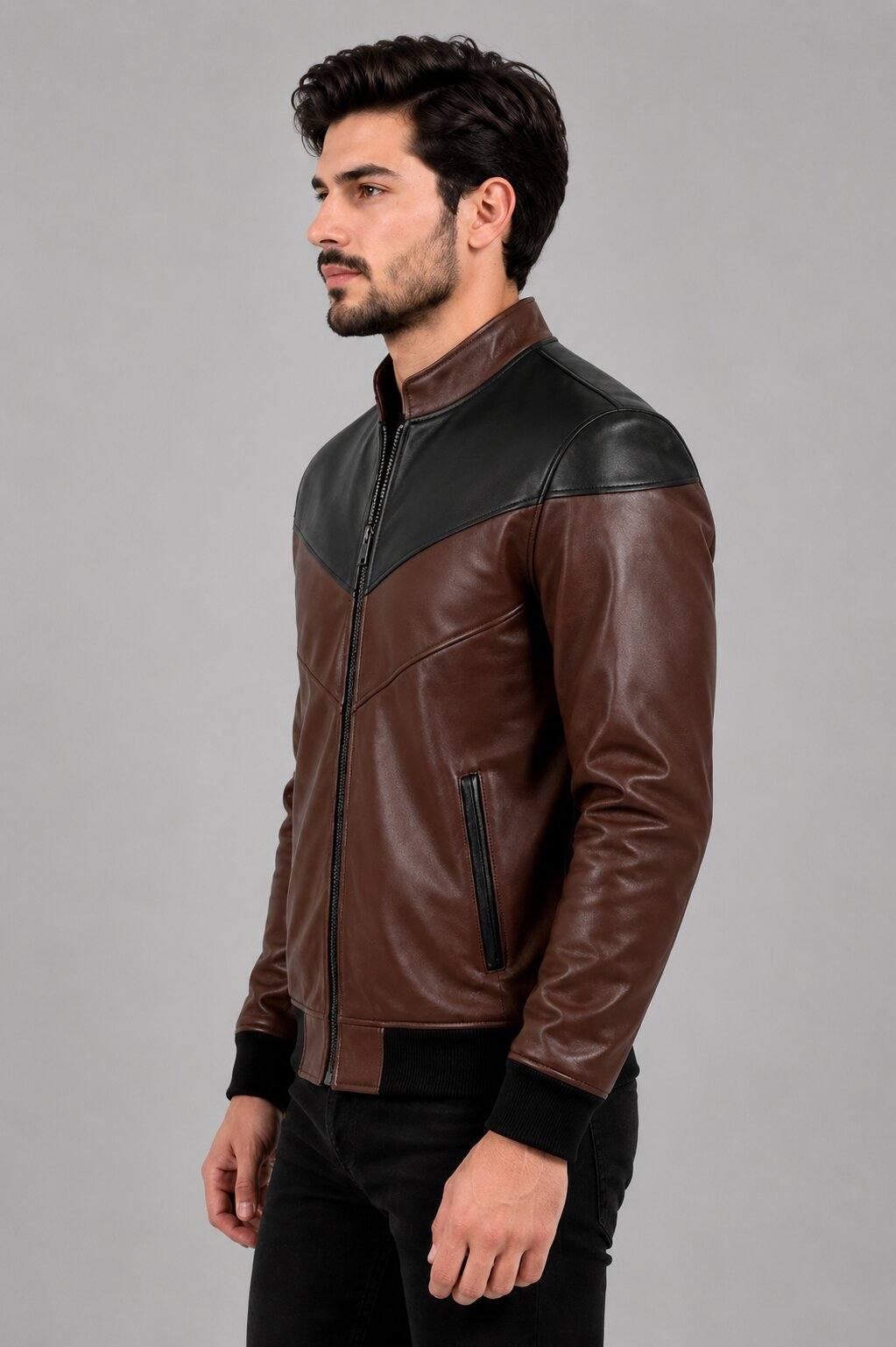 Brown & Black Leather Jacket | Men's Two Tone Bomber Jacket sid view by avanzar leather