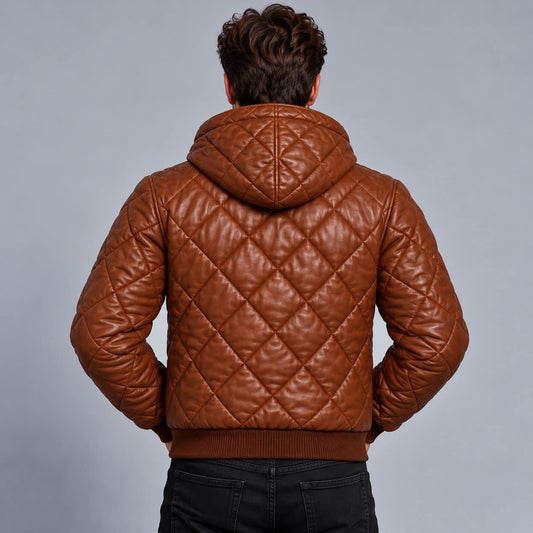 Brown Diamond Quilted Leather Puffer Jacket with Hood back view by avanzar leather