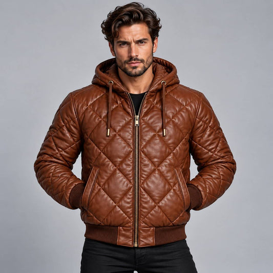 Brown Diamond Quilted Leather Puffer Jacket with Hood front view by avanzar leather
