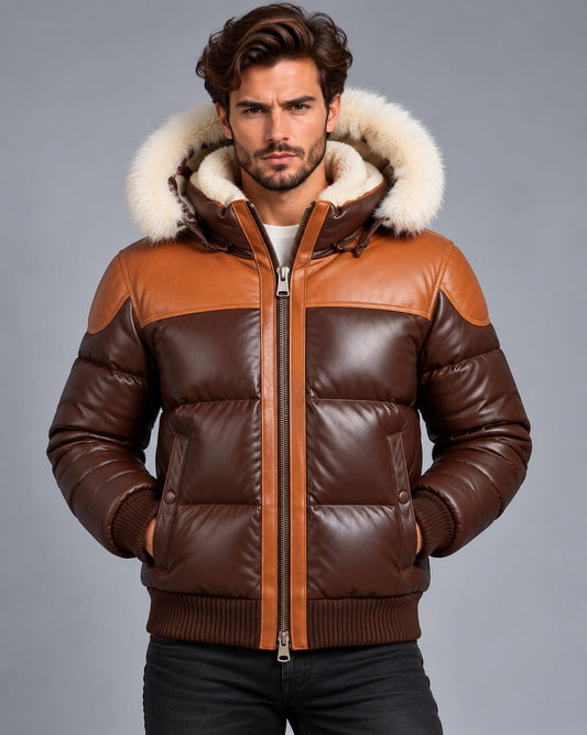 Brown Leather Puffer Jacket with Faux Fur Trimmed Hood front view by avanzar leather