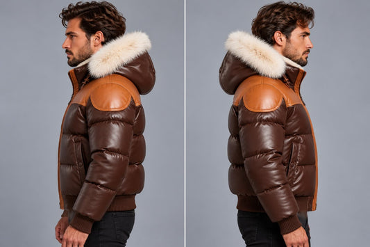 Brown Leather Puffer Jacket with Faux Fur Trimmed Hood sid view by avanzar leather