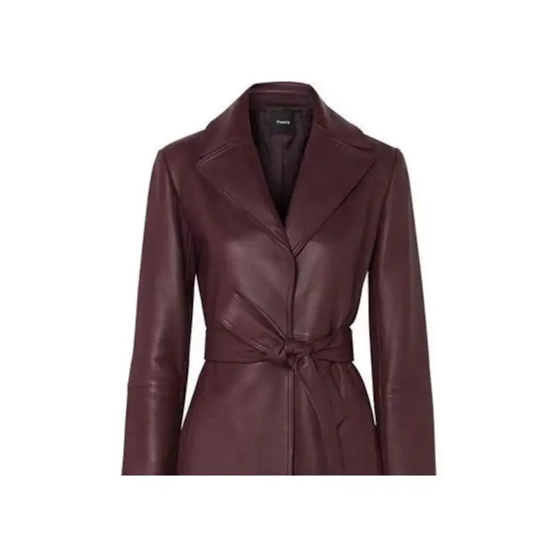 Elegant Burgundy Leather Coat with Belt  Avanzar Leather