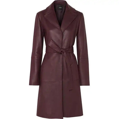 Elegant Burgundy Leather Coat with Belt  Avanzar Leather