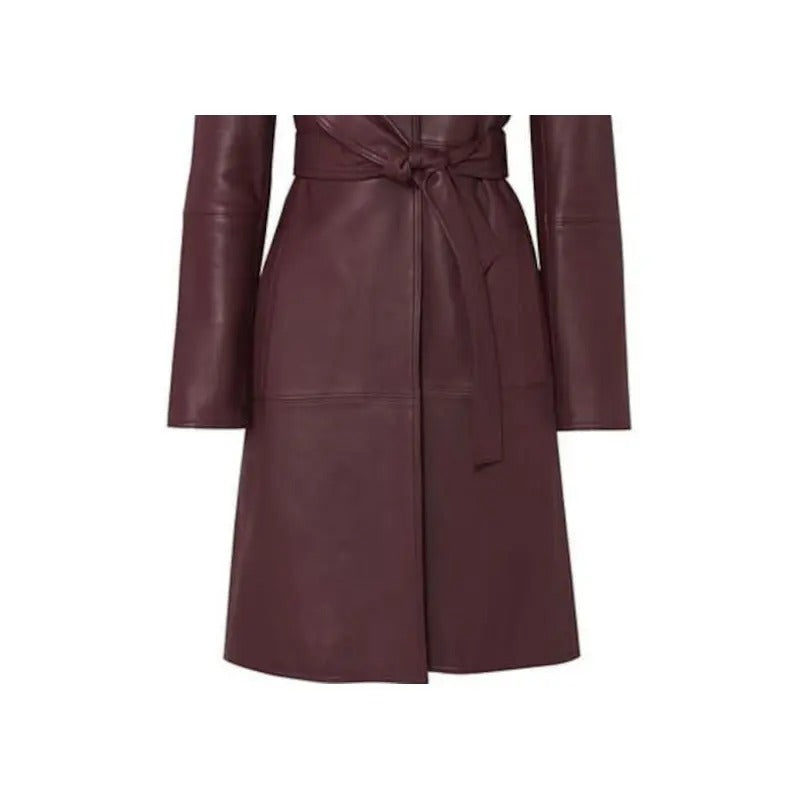 Elegant Burgundy Leather Coat with Belt  Avanzar Leather