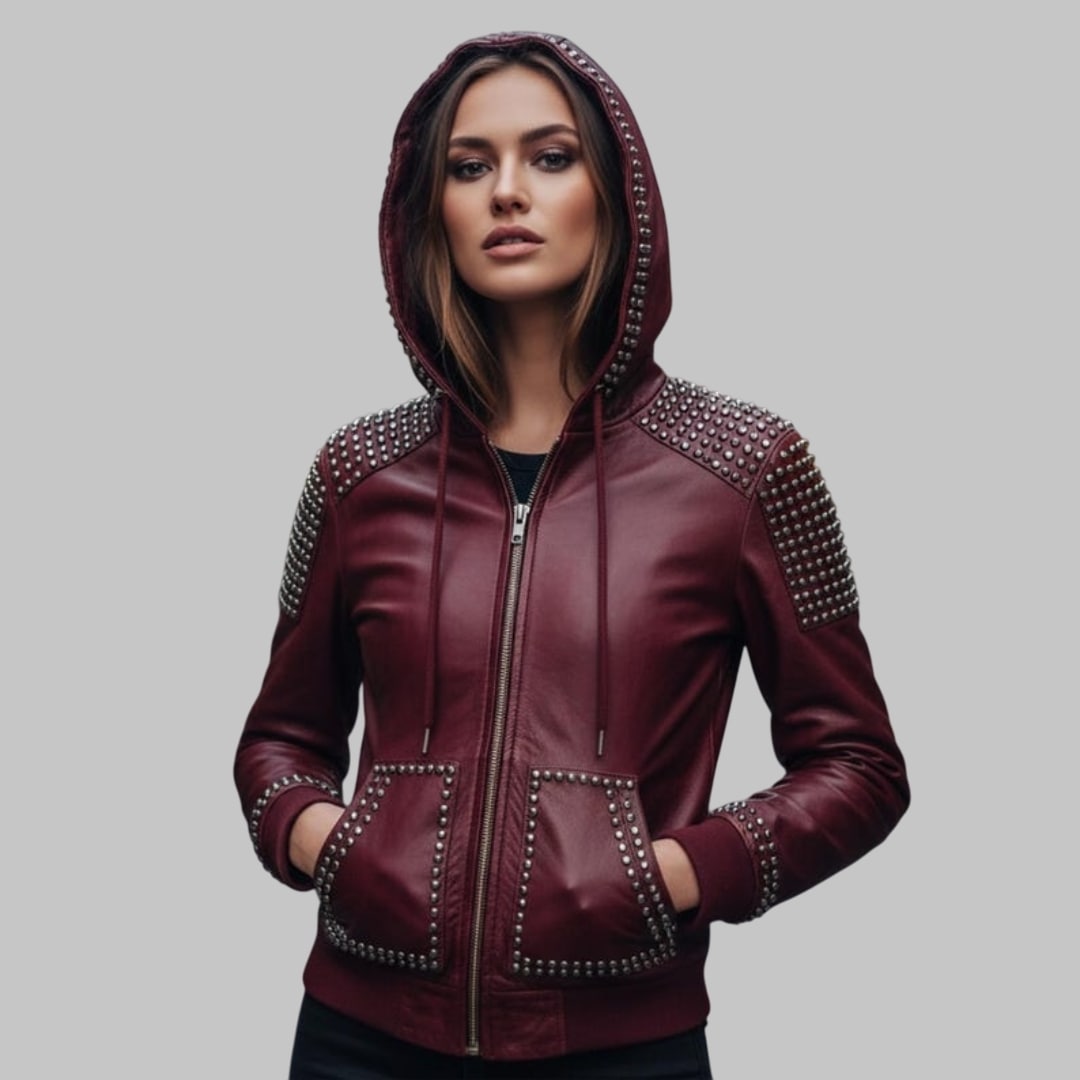 Burgundy Leather Studded Hoodie for Women