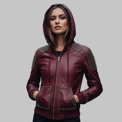 Burgundy Leather Studded Hoodie for Women