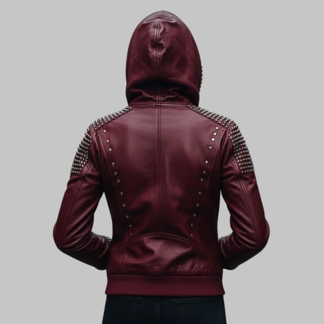 Burgundy Leather Studded Hoodie for Women 