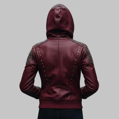 Burgundy Leather Studded Hoodie for Women 