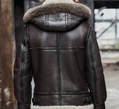 Men's Shearling Aviator Parka Leather Jacket in Dark Brown