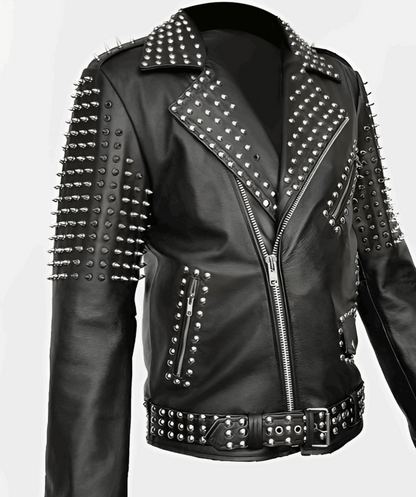 Men's Black Studded Biker Leather Jacket by Avanzar