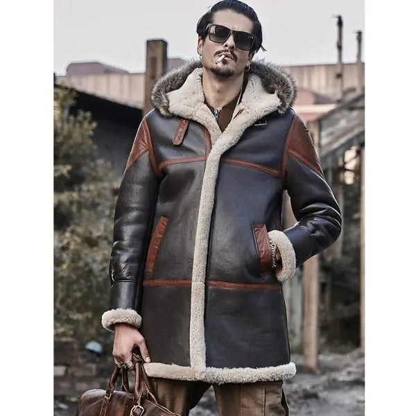 Men's Black Shearling Leather Coat with Hood