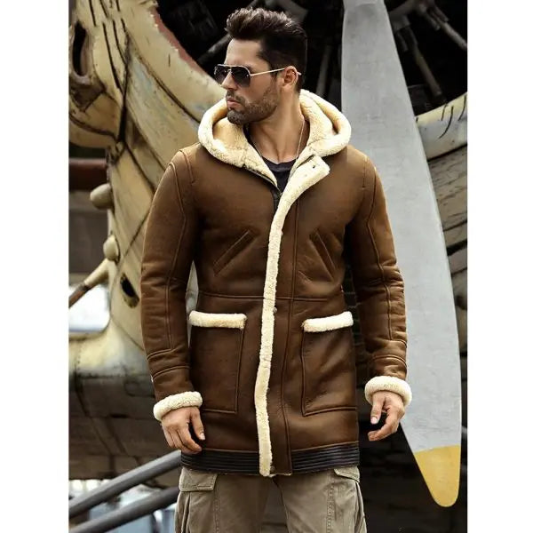 Men's Brown Shearling Leather Coat with Hood