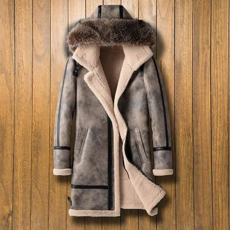 Men's Gray Shearling Leather Coat with Removable Hood