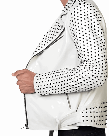 Men's White Studded Biker Leather Jacket