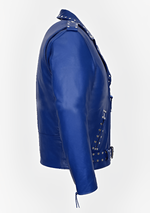 Men's Blue Studded Leather Biker Jacket by Avanzar