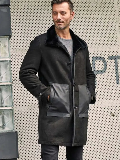 Men's Black Suede Leather Shearling Coat