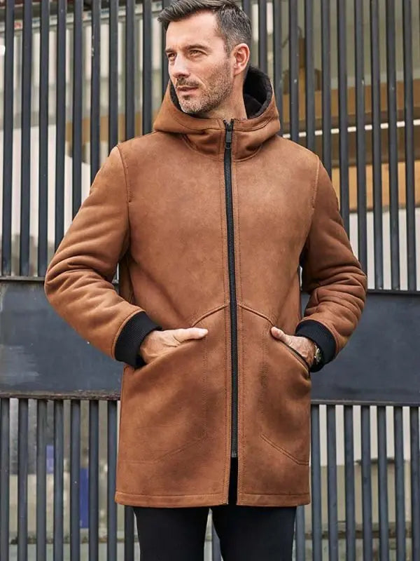 Men's Brown Leather Shearling Coat with Hood