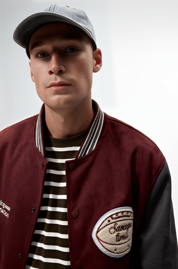 Men's Varsity Bomber Leather Jacket in Classic Red