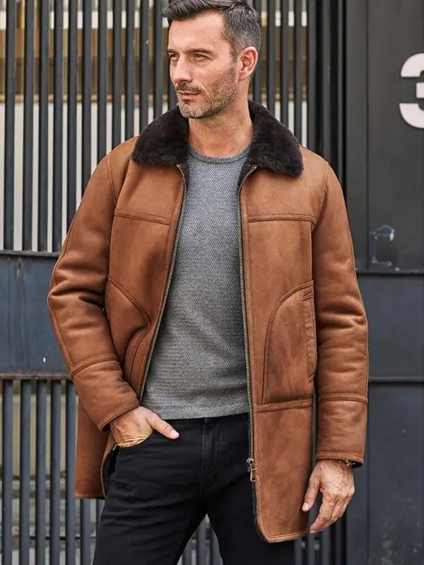 Men's Brown Leather Shearling Coat