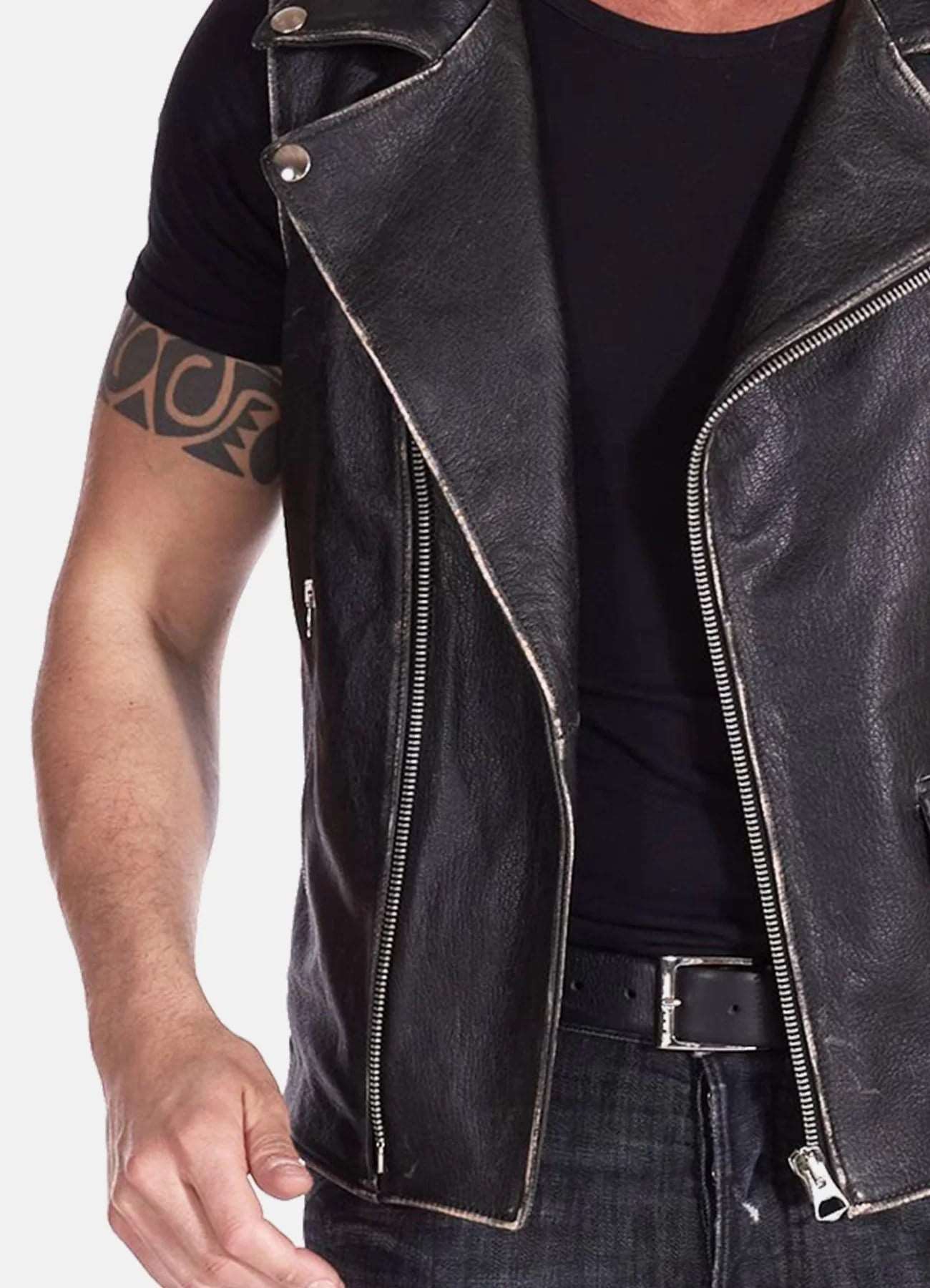 Men's Distressed Leather Biker Vest In Black