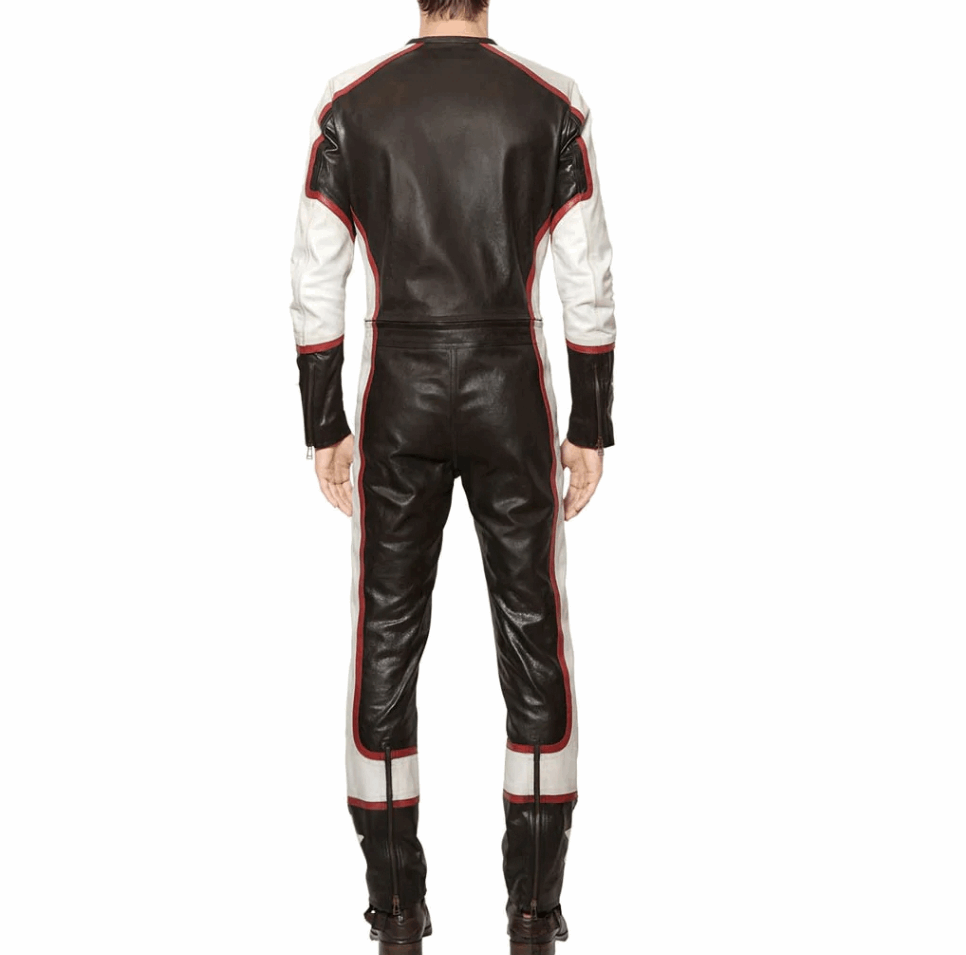 Men's Black Distressed Leather Racing Jumpsuit