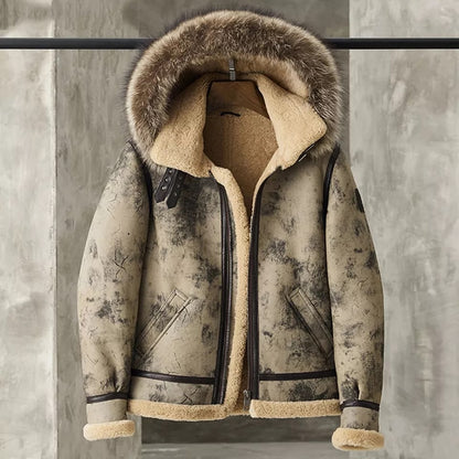 Men's Distressed Shearling Leather Jacket with Fur Hood