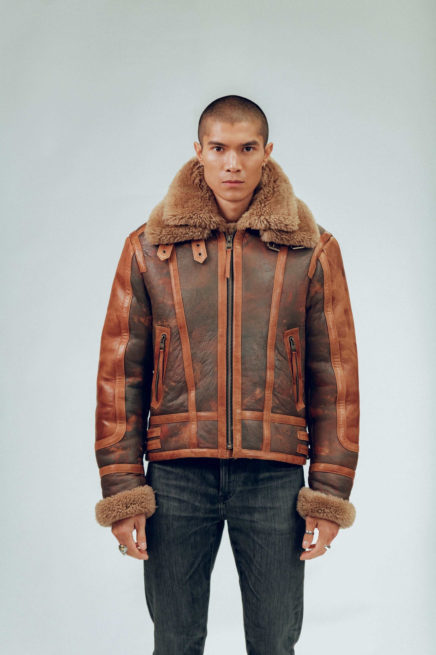 Men's Brown Distressed Sheepskin Leather Shearling Jacket