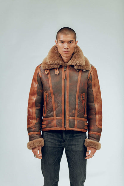 Men's Brown Distressed Sheepskin Leather Shearling Jacket