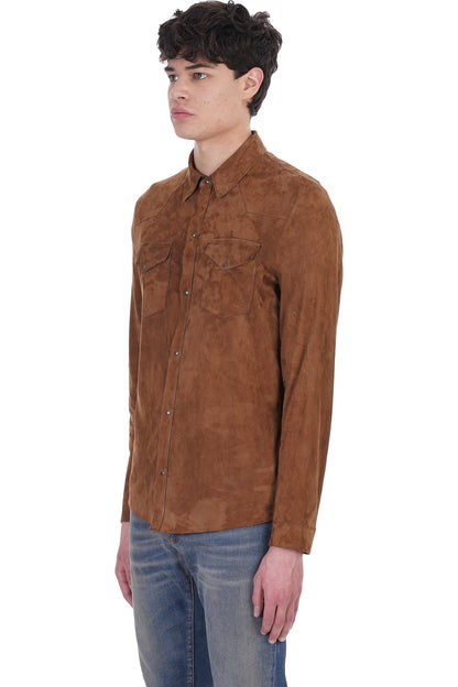  Men's Tan Brown Full Sleeve Suede Leather Shirt