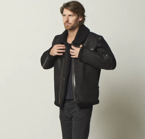 Men's Black Sheepskin Leather Aviator Jacket with Fur