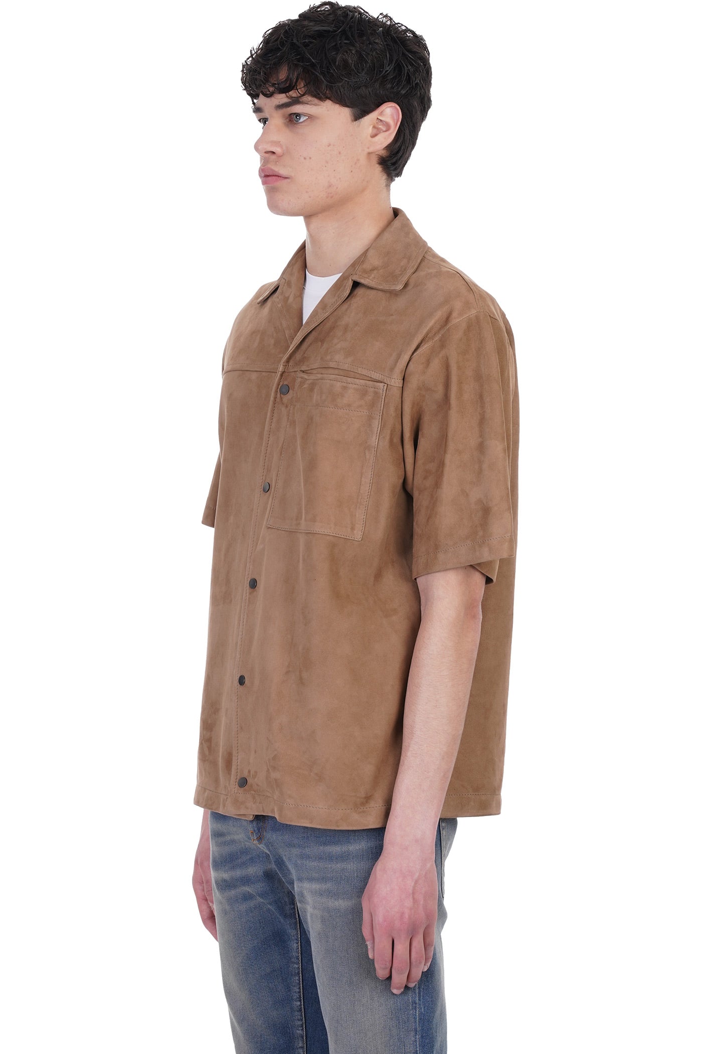 Men's Tan Brown Half Sleeve Suede Leather Shirt